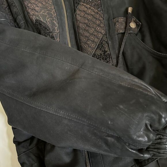 Vintage Black Bomber Leather Jacket Mixed Print Size Large - Picture 15 of 16